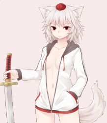 Rule 34 | 1girl, alternate costume, animal ears, bottomless, breasts, closed mouth, cowboy shot, hand in pocket, hat, holding, holding sword, holding weapon, hood, hoodie, inubashiri momiji, long sleeves, looking at viewer, medium breasts, miyo (ranthath), naked hoodie, navel, no bra, no pants, open clothes, open hoodie, pocket, red eyes, short hair, simple background, solo, sword, tail, tokin hat, touhou, weapon, white hair, wolf ears, wolf tail, zipper pull tab