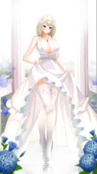 Rule 34 | 1girl, avil, bad proportions, blonde hair, blue eyes, blush, breasts, bride, cleavage, closed mouth, clothes lift, collarbone, dress, dress lift, flower, full body, hair ornament, hairclip, high heels, highres, jewelry, large breasts, looking at viewer, medium hair, necklace, olivia (mobseka), otome game sekai wa mob ni kibishii sekai desu, petals, simple background, solo, standing, thighhighs, wedding, wedding dress, white dress, white footwear, white thighhighs
