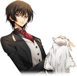 Rule 34 | 1boy, artist request, ascot, black hair, black jacket, black shirt, breast pocket, butler, buttons, chain, closed mouth, code geass, code geass: lost stories, collared shirt, cropped torso, cup, drying, dutch angle, game cg, hair between eyes, happy, holding, holding cloth, holding cup, jacket, lelouch vi britannia, long sleeves, looking at viewer, male focus, non-web source, official art, open clothes, open jacket, picture frame, pocket, purple eyes, red ascot, shirt, short hair, sidelocks, simple background, smile, solo, standing, teacup, transparent background, upper body, vest, white vest