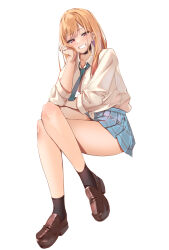 Rule 34 | 1girl, blonde hair, blue skirt, crossed legs, full body, grin, highres, kitagawa marin, looking at viewer, momdy (talesshinja), necktie, oral invitation, red eyes, school uniform, shirt, simple background, sitting, skirt, smile, solo, sono bisque doll wa koi wo suru, thighs, white background, white shirt
