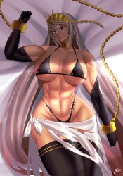 Rule 34 | abs, absurdres, alternate breast size, artist name, bikini, black bikini, black thighhighs, blue eyes, breasts, chain, choker, crown, elbow gloves, fate/grand order, fate (series), gloves, grey hair, highleg, highleg bikini, highres, large breasts, long hair, looking at viewer, lying, multicolored hair, muscular, muscular female, on back, shaded face, shadow, signature, swimsuit, tan, thighhighs, thighs, two-tone hair, very long hair, zenobia (fate), zinfian