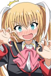 Rule 34 | 1girl, ^^^, aqua eyes, black jacket, blonde hair, blush, bow, claw pose, close-up, commentary, embarrassed, full-face blush, hair between eyes, hair ribbon, hands up, highres, jacket, little busters!, little busters! school uniform, long hair, long sleeves, looking at viewer, open mouth, pink bow, ribbon, school uniform, sidelocks, silky (silky illust), simple background, solo, straight-on, surprised, sweatdrop, tokido saya, two side up, v-shaped eyebrows, white background, white ribbon, wide-eyed