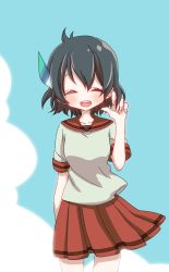 Rule 34 | 10s, 1girl, ^ ^, adapted costume, black hair, blush, closed eyes, collarbone, commentary, cowboy shot, closed eyes, feathers, hand in own hair, highres, kaban (kemono friends), kemono friends, petit ramune, pleated skirt, sailor collar, short hair, short sleeves, skirt, solo