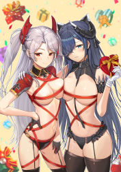 Rule 34 | 2girls, absurdres, arm holster, asymmetrical docking, august von parseval (azur lane), azur lane, beida53878791, between breasts, black gloves, black legwear, black panties, blue eyes, blue hair, box, box of chocolates, breast press, breasts, cleavage, closed mouth, dagger, detached collar, frilled panties, frills, garter straps, gift, gift box, gift wrapping, gloves, hair over one eye, hand on another&#039;s shoulder, hand on own hip, headgear, heart-shaped box, highres, holding, holding box, horns, iron blood (emblem), knife, large breasts, long hair, looking at viewer, multicolored hair, multiple girls, navel, nearly naked ribbon, panties, parted lips, prinz eugen (azur lane), red eyes, red hair, red ribbon, ribbon, shrug (clothing), smile, stomach, straight hair, streaked hair, thighhighs, two side up, underwear, valentine, very long hair, weapon, white gloves, white hair