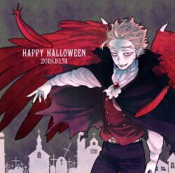 1boy alternate_costume ascot bags_under_eyes black_cape black_pants blonde_hair boku_no_hero_academia brooch cape church cross earrings falling_feathers fangs feathers happy_halloween haruimo_(imoco_0706-b) hawks_(boku_no_hero_academia) jewelry looking_at_viewer male_focus pale_skin pants pointy_ears red_eyes red_feathers red_vest red_wings short_hair solo vampire_costume vest white_ascot wings