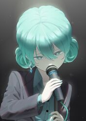Rule 34 | 1191174237, 1girl, black background, black suit, blue eyes, blue hair, blue nails, collared shirt, commentary request, cropped torso, double bun, earrings, formal, hair between eyes, hair bun, hatsune miku, holding, holding microphone, jewelry, long sleeves, medium hair, microphone, shirt, simple background, solo, spotlight, suit, upper body, vocaloid