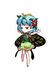 Rule 34 | 1girl, anger vein, antennae, aqua hair, barefoot, brown eyes, butterfly wings, chibi, closed mouth, dairi, dress, eternity larva, fairy, frown, full body, green dress, hair between eyes, insect wings, leaf, leaf on head, multicolored clothes, multicolored dress, short hair, short sleeves, single strap, solo, spread legs, standing, tachi-e, touhou, transparent background, wings