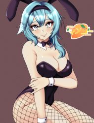 Rule 34 | 1girl, absurdres, animal ears, black leotard, blue hair, blush, breasts, cleavage, closed mouth, collarbone, ecchimango, eula (genshin impact), eyebrows, fake animal ears, fishnet pantyhose, fishnets, genshin impact, highres, large breasts, leotard, lips, long hair, looking at viewer, pantyhose, playboy bunny, purple eyes, smile, solo, wrist cuffs