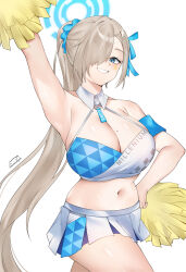 Rule 34 | 1girl, absurdres, alternate costume, arm up, armpits, asuna (blue archive), blonde hair, blue archive, blue eyes, blue halo, breasts, cheerleader, cleavage, detached collar, grin, hair ornament, hair over one eye, hair ribbon, hair scrunchie, halo, hand on own hip, helandyck, high ponytail, highres, holding, holding pom poms, large breasts, long hair, looking at viewer, miniskirt, mole, mole on breast, navel, pom pom (cheerleading), pom poms, ribbon, scrunchie, simple background, skirt, smile, solo, star sticker, sticker on face, stomach, very long hair, white background