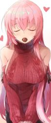 Rule 34 | 1girl, alternate costume, arm warmers, bare shoulders, black ribbon, breasts, chocolate, commentary request, cowboy shot, daidou (demitasse), closed eyes, heart, highres, incoming kiss, large breasts, long hair, megurine luka, meme attire, no bra, pink hair, red sweater, ribbon, solo, turtleneck, virgin killer sweater, vocaloid