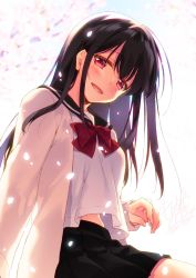 Rule 34 | 1girl, :d, black hair, black sailor collar, black skirt, blush, bow, bowtie, collared shirt, hair between eyes, highres, jacket, long hair, long sleeves, looking at viewer, midriff peek, miniskirt, motomiya mitsuki, open clothes, open jacket, open mouth, original, pleated skirt, red bow, red bowtie, red eyes, sailor collar, sailor shirt, school uniform, shirt, sitting, skirt, smile, solo, straight hair, white background, white jacket, white shirt
