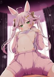 Rule 34 | 1girl, 1other, absurdres, ahoge, animal ears, blush, breasts, clothes lift, curtains, green eyes, hair ornament, hairclip, highres, indoors, lifting own clothes, long hair, looking at viewer, medium breasts, multicolored hair, navel, no bra, open clothes, open shirt, original, pink hair, pink shirt, pink shorts, rabbit ears, rabbit girl, ribbon, shiro9jira, shirt, shirt lift, shorts, sitting, sitting on person, smile, spread legs, straddling, streaked hair, thighs, twintails, underboob, window