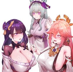 3girls absurdres animal_ears areola_slip armpit_crease bare_shoulders bell blue_hair blunt_bangs breasts bridal_gauntlets cleavage dango detached_sleeves earrings fan_hair_ornament floppy_ears flower food fox_ears frilled_hairband frilled_sleeves frills genshin_impact hair_between_eyes hair_ornament hairband hashtag-only_commentary highres holding horori_(halloweenday309) huge_breasts japanese_clothes jewelry kimono large_breasts long_hair looking_at_another lower_teeth_only mole mole_under_eye multiple_girls neck_bell necklace off_shoulder open_mouth parted_lips pink_hair pink_kimono pink_pupils pointing pointing_at_object pointy_ears purple_eyes purple_flower purple_hair purple_kimono raiden_shogun shirt sideboob simple_background sleeveless sleeveless_kimono sleeveless_shirt smile sweatdrop teeth upper_body wagashi white_background wide_sleeves yae_miko yumemizuki_mizuki