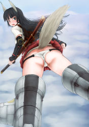 Rule 34 | 00s, 1girl, anabuki tomoko, animal ears, ass, black hair, blush, bottomless, cameltoe, flying, from behind, from below, long hair, looking back, open mouth, panties, scharfschutze, solo, strike witches, strike witches: suomus misfits squadron, sword, tail, underwear, weapon, world witches series