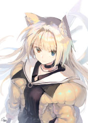 Rule 34 | 1girl, animal ear fluff, animal ears, arknights, black choker, black dress, blonde hair, blue eyes, brown jacket, choker, commentary request, dress, female focus, heterochromia, holding, jacket, long hair, long sleeves, looking at viewer, nightmare (arknights), open clothes, open jacket, red eyes, ritsuki, sailor collar, sailor dress, signature, simple background, solo, very long hair, white background, white sailor collar