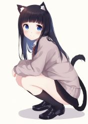 Rule 34 | 1girl, animal ears, black footwear, black hair, black socks, black skirt, blue eyes, blush, caidychen, cardigan, cat ears, cat tail, closed mouth, collared shirt, eyebrows, from side, full body, kneehighs, loafers, long hair, long sleeves, looking at viewer, neck ribbon, original, pleated skirt, red ribbon, ribbon, school uniform, shirt, shoes, skirt, sleeves past wrists, smile, socks, solo, squatting, tail, white background, white shirt, wing collar