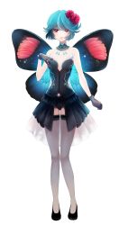 Rule 34 | 1girl, absurdres, bad id, bad pixiv id, blue hair, blush, butterfly wings, dress, flower, full body, gloves, green hair, hair flower, hair ornament, heart, heart-shaped pupils, high heels, highres, insect wings, jewelry, necklace, original, red eyes, saintklein, shoes, short hair, solo, symbol-shaped pupils, thighhighs, transparent background, wings