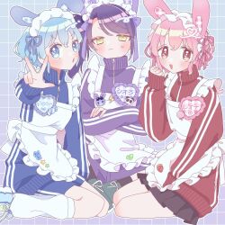 Rule 34 | 1boy, 2girls, alternate costume, animal ears, apron, black skirt, blue eyes, blue hair, blue jacket, blue shorts, blush, brother and sister, crossed arms, dorothy west, fake animal ears, frilled apron, frills, heart, highres, jacket, jersey maid, reona west, long hair, long sleeves, looking at viewer, maid, maid apron, maid headdress, multiple girls, name tag, open mouth, pink eyes, pink hair, pleated skirt, pretty series, pripara, purple hair, purple jacket, rabbit ears, red jacket, shiono soma, short hair, shorts, siblings, side ponytail, sitting, skirt, smile, sweatdrop, toudou shion, trap, twins, unconventional maid, v, white apron, yellow eyes