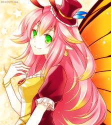 Rule 34 | 1girl, bad id, bad pixiv id, butterfly wings, chisa, green eyes, hat, insect wings, long hair, mini hat, mini top hat, parrot (p&amp;d), pink hair, puzzle &amp; dragons, smile, solo, top hat, upper body, wings