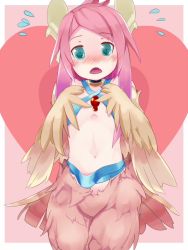 Rule 34 | 1girl, blue eyes, blush, feathers, flat chest, harpy, heart, k20, midriff, mon-musu quest!, monster girl, pink hair, solo, wings