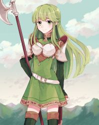 Rule 34 | 1girl, armor, bad id, bad pixiv id, belt, boots, breastplate, cloud, cloudy sky, cowboy shot, day, dress, fire emblem, fire emblem: mystery of the emblem, fire emblem: shadow dragon, fire emblem echoes: shadows of valentia, green dress, green eyes, green hair, green thighhighs, hand on own hip, headband, highres, long hair, long sleeves, looking at viewer, nintendo, outdoors, palla (fire emblem), polearm, short dress, sky, smile, solo, sushitarou, thigh boots, thighhighs, weapon, zettai ryouiki
