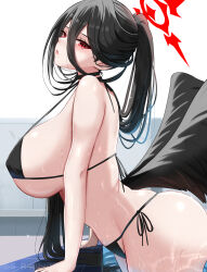 Rule 34 | 1girl, absurdres, alternate costume, bikini, black bikini, black choker, black hair, blue archive, blush, breasts, choker, commentary, cowboy shot, feathered wings, from side, hair between eyes, halo, hasumi (blue archive), highres, large breasts, leaning forward, lips, long hair, looking at viewer, low wings, micro bikini, mole, mole under eye, parted lips, ponytail, pool, poolside, red eyes, red halo, s redbutterfly, side-tie bikini bottom, sideboob, simple background, solo, standing, string bikini, swimsuit, twitter username, wading, wet, white background, wings