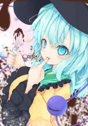 Rule 34 | 1girl, absurdres, aqua hair, black hat, blouse, blue eyes, blurry, blurry background, blurry foreground, calpis118, chocolate, finger to mouth, frilled shirt collar, frilled sleeves, frills, from side, hat, hat ribbon, highres, holding, holding whisk, komeiji koishi, long sleeves, looking at viewer, looking to the side, ribbon, shirt, signature, solo, third eye, touhou, upper body, valentine, whisk, wide sleeves, yellow ribbon, yellow shirt