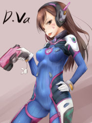 Rule 34 | 1girl, akino shuu, armor, bodysuit, breasts, brown eyes, brown hair, character name, contrapposto, covered erect nipples, covered navel, cowboy shot, d.va (overwatch), facial mark, gloves, gun, hand on own hip, handgun, headphones, high collar, holding, holding gun, holding weapon, long hair, medium breasts, overwatch, overwatch 1, pilot suit, skin tight, solo, standing, swept bangs, tongue, tongue out, trigger discipline, weapon, whisker markings, white gloves