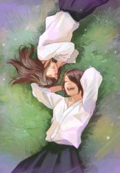 Rule 34 | 1boy, 1girl, :d, arms behind head, brown hair, cowboy shot, closed eyes, from above, furuta nimura, grass, hair over one eye, hakama, highres, japanese clothes, kamishiro rize, kyuuba melo, long hair, long sleeves, mole, mole under eye, open mouth, sleeping, smile, teeth, tokyo ghoul, tokyo ghoul:re, upper teeth only