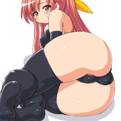 Rule 34 | 1girl, 95-tan, ass, bad id, bad pixiv id, bare shoulders, black thighhighs, breasts, cameltoe, cleft of venus, dd (ijigendd), half updo, leotard, long hair, lying, medium breasts, nipples, on side, os-tan, red eyes, red hair, solo, sweatdrop, thighhighs, thighs