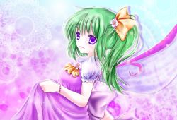 Rule 34 | 1girl, alternate color, ascot, bracelet, cherry blossoms, daiyousei, dress, fairy wings, flower, gradient background, green hair, hair flower, hair ornament, hair ribbon, jewelry, lips, looking at viewer, purple eyes, ribbon, shadow, short hair, short sleeves, side ponytail, skirt hold, solo, touhou, tsukiori sasa, wings