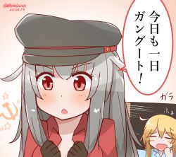 Rule 34 | 2girls, black gloves, blonde hair, clenched hands, ganbaruzoi, gangut (kancolle), gloves, grey hair, hammer and sickle, hat, iowa (kancolle), kantai collection, mitchell (dynxcb25), motion lines, multiple girls, peaked cap, red eyes, translation request, yawning
