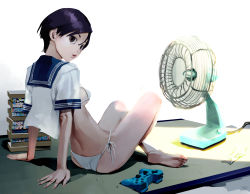 Rule 34 | 1girl, arm support, bare legs, barefoot, bikini, black hair, blue sailor collar, breasts, brown eyes, closed mouth, crossed legs, electric fan, feet, from side, full body, hair between eyes, highres, inamitsu shinji, knees up, leaning back, lips, looking at viewer, looking to the side, medium breasts, no pants, on floor, open clothes, open shirt, original, paid reward available, paid reward available, sailor collar, school uniform, serafuku, shadow, shirt, short hair, short sleeves, side-tie bikini bottom, sitting, sleeve cuffs, soles, solo, swimsuit, toes, white bikini, white shirt