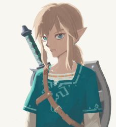 Rule 34 | 1boy, bad id, bad twitter id, chest belt, closed mouth, commentary request, earrings, expressionless, eyelashes, green shirt, highres, jewelry, light brown hair, link, male focus, ni lu unk, nintendo, pointy ears, shield, shield on back, shirt, short sleeves, sidelocks, simple background, solo, sword, the legend of zelda, undershirt, upper body, weapon, white background