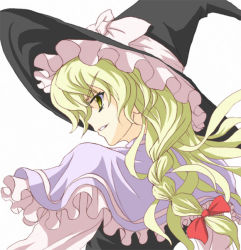 Rule 34 | 1girl, blonde hair, braid, capelet, esuurya, from behind, hat, kirisame marisa, long hair, open mouth, side braid, solo, touhou, white background, witch hat, yellow eyes