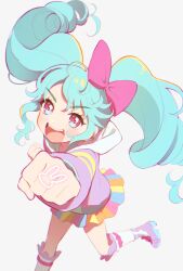 Rule 34 | 1girl, :d, arm up, blue hair, blush, bow, clenched hands, commentary request, drill hair, grey background, hair between eyes, hair bow, highres, hood, hood down, hoodie, idol land pripara, katasumi amari, long hair, long sleeves, looking at viewer, open mouth, oshiri (o4ritarou), outstretched arm, pink bow, pink eyes, pretty series, pripara, purple hoodie, rainbow skirt, smile, solo, standing, standing on one leg, twin drills, twintails, very long hair, white background