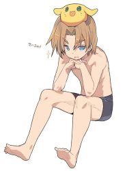 Rule 34 | 1boy, :3, barefoot, blade (galaxist), blue eyes, brown hair, company connection, creature, crossover, full body, male focus, michael lancelot, open mouth, pop-up story, rabite (seiken densetsu), school swimsuit, seiken densetsu, simple background, smile, square enix, swimsuit, topless male, white background