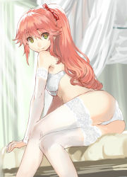 Rule 34 | 1girl, ass, bra, breasts, curtains, elbow gloves, gloves, green eyes, hair tie, lace, lace-trimmed legwear, lace trim, long hair, looking at viewer, original, panties, pink hair, ponytail, ran&#039;ou (tamago no kimi), smile, solo, thighhighs, underwear, underwear only, white bra, white gloves, white panties, white thighhighs