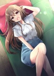 Rule 34 | :d, arm up, blue skirt, blush, breasts, brown hair, collared shirt, commentary request, couch, dress shirt, dutch angle, fang, frilled shirt collar, frills, grey shirt, hair between eyes, highres, indoors, long hair, lying, minami saki, on back, on couch, open mouth, original, pillow, red eyes, shirt, short sleeves, skirt, small breasts, smile, solo, very long hair, wooden floor