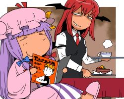 Rule 34 | 2girls, bat wings, black dress, blonde hair, cake, closed eyes, coat, crescent, cup, dress, evil smile, female focus, food, hair ornament, hair ribbon, hat, head wings, koakuma, long hair, long sleeves, magazine (object), multiple girls, necktie, onikobe rin, patchouli knowledge, plate, purple hair, reading, red hair, red necktie, ribbon, shaded face, shirt, sitting, sleeveless, sleeveless shirt, slippers, smile, smirk, striped clothes, striped dress, table, teacup, toramaru shou, touhou, wings