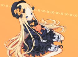 Rule 34 | 1girl, :o, abigail williams (fate), bad id, bad pixiv id, black bow, black dress, black hat, blonde hair, bloomers, blue eyes, blush, bow, bug, butterfly, commentary request, dress, fate/grand order, fate (series), foot out of frame, forehead, from above, hair bow, hat, hugging object, insect, long hair, long sleeves, looking at viewer, looking up, orange background, orange bow, parted bangs, parted lips, polka dot, polka dot bow, sitting, sleeves past fingers, sleeves past wrists, solo, stuffed animal, stuffed toy, teddy bear, underwear, very long hair, waga, wariza, white bloomers