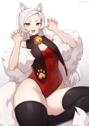 Rule 34 | 1girl, animal ear fluff, animal ears, bell, black thighhighs, breasts, cat ears, cleavage, covered navel, facial mark, fingernails, fur trim, gradient background, grey background, highres, iwbitu, looking at viewer, medium breasts, neck bell, open mouth, original, sitting, smile, solo, tail, teeth, thighhighs, thighs, twitter username, upper teeth only, white hair, yellow eyes