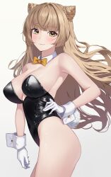 Rule 34 | 1girl, absurdres, black leotard, blunt bangs, blush, bow, bowtie, breasts, brown hair, character request, cleavage, cone hair bun, copyright request, detached collar, double bun, gloves, hair bun, hand on own hip, highres, large breasts, leotard, long hair, looking at viewer, playboy bunny, simple background, solo, standing, tansui san (tcjp4784), white background, white gloves, white wrist cuffs, wrist cuffs, yellow bow, yellow bowtie, yellow eyes