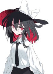 Rule 34 | 1girl, black hair, black hat, black necktie, bow, closed mouth, hair bow, hat, hat bow, highres, long sleeves, medium hair, muraryo, necktie, red eyes, shirt, simple background, solo, touhou, upper body, usami renko, white background, white bow, white shirt