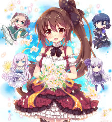 Rule 34 | 5girls, :d, black bow, black dress, black footwear, black hair, black hairband, black legwear, black shirt, blue dress, blue eyes, blue sky, blush, bouquet, bow, braid, breasts, brown eyes, brown hair, character request, chibi, cloud, cowboy shot, detached sleeves, dress, flower, frilled hairband, frilled shirt, frills, gothic wa mahou otome, green dress, green eyes, hair between eyes, hair bow, hairband, hand on own hip, head tilt, high ponytail, hinata momo, holding, holding bouquet, holding flower, layered skirt, light brown hair, long hair, long sleeves, medium breasts, multiple girls, off-shoulder shirt, off shoulder, open mouth, pantyhose, petals, pleated skirt, puffy short sleeves, puffy sleeves, purple eyes, purple footwear, red dress, shirt, short sleeves, side ponytail, silver hair, skirt, sky, sleeveless, sleeveless dress, smile, strapless, strapless dress, thighhighs, twin braids, very long hair, white flower, white legwear, white shirt, white skirt, wide sleeves