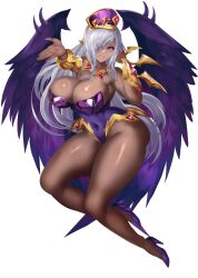 Rule 34 | 1girl, absurdres, breasts, character request, covered navel, dark elf, elf, feathered wings, full body, gem, gold collar, gold vambraces, grey hair, hair over one eye, hat, high heels, highres, kono dio da (artist), large breasts, leotard, long hair, panilla the revival, pink eyes, pointy ears, purple footwear, purple leotard, purple wings, red gemstone, shiny skin, solo, strapless, strapless leotard, wings