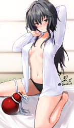 Rule 34 | 1girl, arm behind head, arm up, barefoot, black hair, black panties, blurry, blurry background, blush, breasts, collared shirt, commentary request, dated, depth of field, dress shirt, hair between eyes, hand up, heart, heart in eye, highres, indoors, long hair, long sleeves, looking at viewer, maji de watashi ni koi shinasai!, maji de watashi ni koi shinasai! s, medium breasts, musashibou benkei, no bra, no pants, open clothes, open shirt, panties, purple eyes, shirt, signature, sitting, solo, symbol in eye, underwear, wariza, white shirt, yoo tenchi