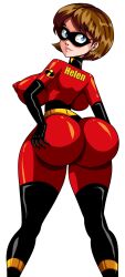 Rule 34 | 1girl, absurdres, alcione makoto, alternate eye color, artist name, ass, ass focus, ass grab, black footwear, black gloves, blue eyes, bodysuit, boots, breasts, brown hair, earrings, elastigirl, gloves, grabbing own ass, helen parr, highres, indoors, jewelry, large breasts, lips, looking at viewer, looking back, mask, mirror, nipples, parted lips, red bodysuit, short hair, skin tight, solo, the incredibles, thigh boots, thong, white background, wide hips