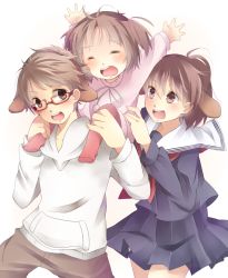 Rule 34 | 1boy, 2girls, animal ears, bbr brbr, brother and sister, brown eyes, brown hair, carrying, dog ears, closed eyes, glasses, love lab, multiple girls, open mouth, ponytail, school uniform, serafuku, shoulder carry, siblings, sisters, smile, tanahashi hiroka, tanahashi suzune, tanahashi yuuya, twintails, white background, aged down
