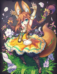 Rule 34 | 1girl, animal ears, armpits, arms up, bag, boots, braid, brown hair, dress, elbow gloves, fang, fingerless gloves, flower, fox ears, gloves, grass, green eyes, highres, knee boots, long hair, long tail, open mouth, original, pants, petals, sleeveless, sleeveless dress, solo, suna (sunagawa), tail, twin braids, twintails, wind